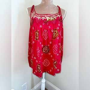 Super Fun & Flirty Coral Tie Shoulder Tank with Gold Appliqué